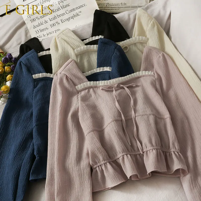 E GIRLS Women Elegant Blouses Patchwork Square Collar Ruffles Cropped Tops Long Sleeve Chiffon Sweet Lovely Girls Party New