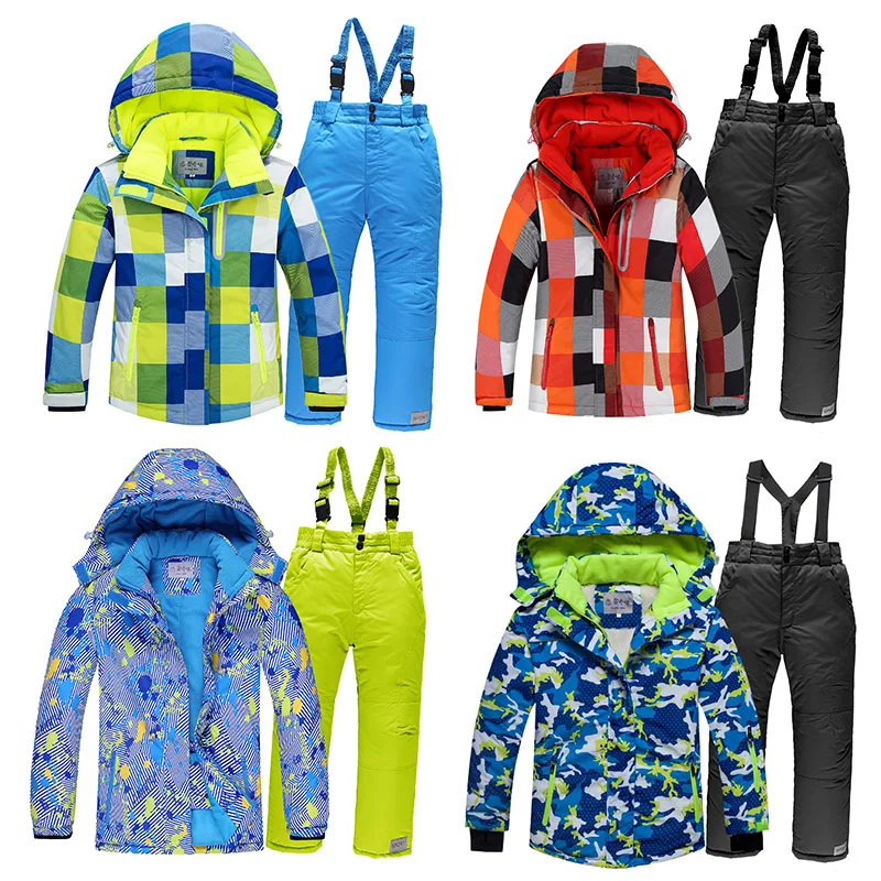 2022 Boys Skiing Suits Fleece Hood Jackets Overalls Children Snow Sets Waterproof Sport Kids Ski Clothing Set Windproof Outfits