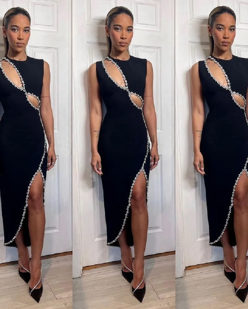 2022 Summer Women Sexy Sleevelss O Neck Hollow Out Sparkly Diamonds Black Bodycon Bandage Dress Elegant Evening Club Party Dress