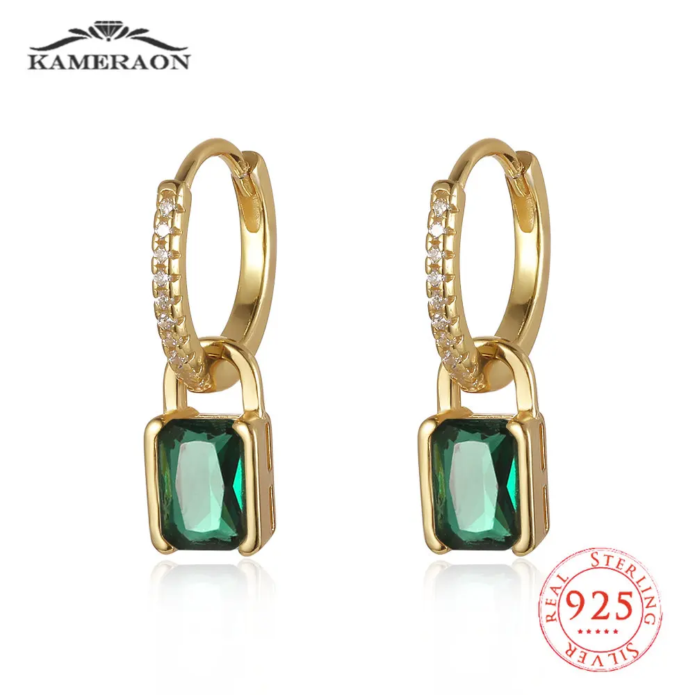 

New Fashion Piercing Lock Pendant 925 Sterling Silver Green/White AAA Zircon Hoop Earring Huggie Ear Buckle for Women