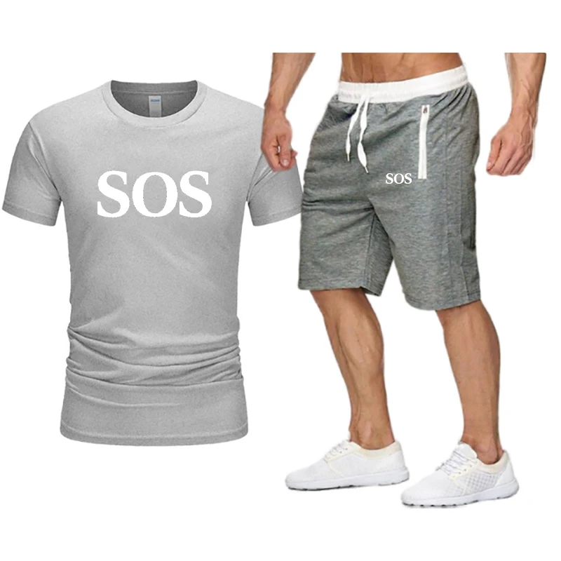 

Cotton T-Shirt Top Men's Plus Shorts Two-piece Summer Men's Beach Casual Fashion Sports Suit Fitness Jogging Suit