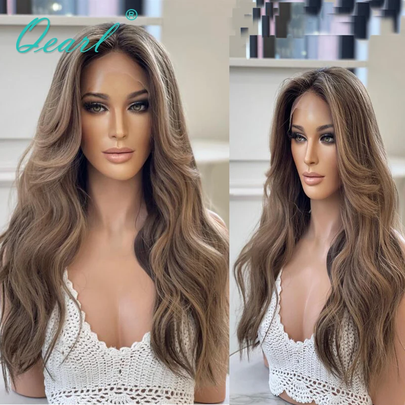 Ombre Chocolate Brown Highlights HD Full Lace Wigs Glueless Wig Human Hair Ready to Wear 360 Lace Frontal Wig Pre Plucked Qearl