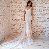 2022 exquisite lace wedding dress v neck sleeveless mermaid sexy wedding gown backless buttons summer trumpet luxury bridal gown