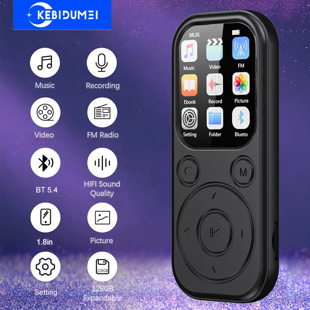 Фото Bluetooth 5,4 MP3-плеер 1,8-дюймовый экран Портативный музыкальный аудиоплеер Поддержка TF FM-радио Запись видео с изображением для гарнитур №1