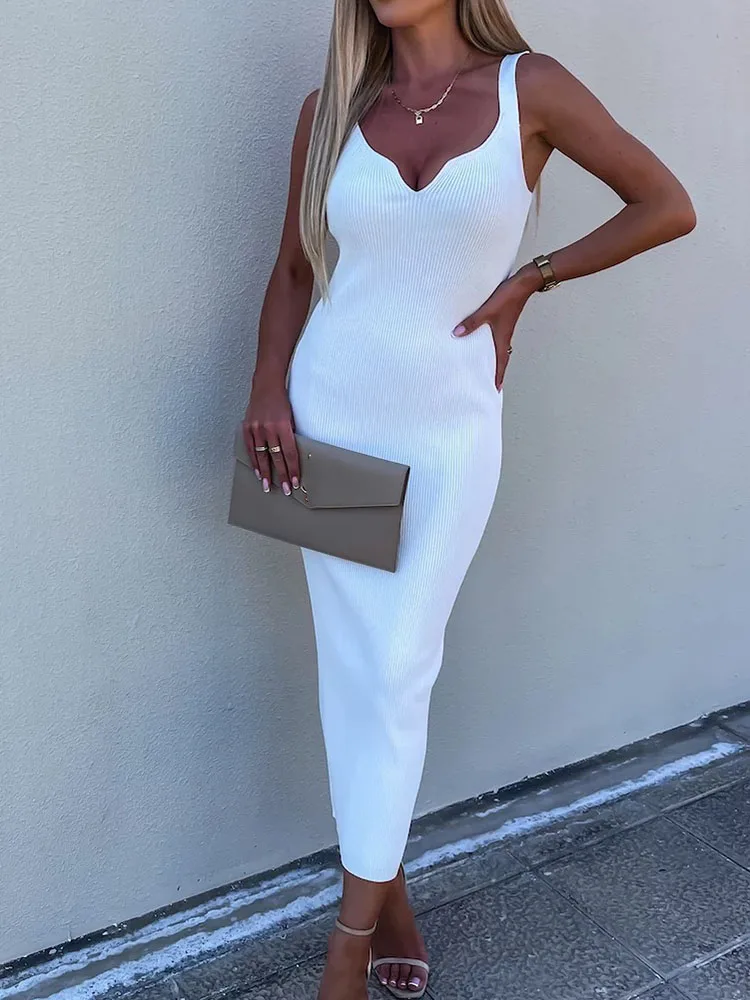 

Summer Women Fashion Sling Backless Long Dress Elegant Solid Sleeveless Slim V-Neck Dress Casual Office Inside All-match Dresses