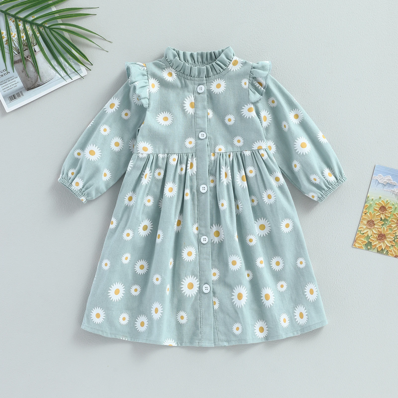 

Mildsown Kids Girls Casual Dress Fly Long Sleeve Dress Flower Daisy Print Button Closure Fall A-Line Shirt Dresses