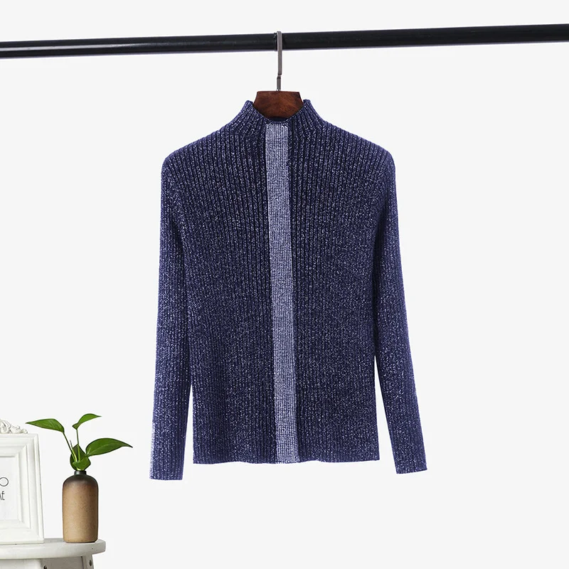 #1836 Spring Knitted Sweater Women Diamonds Slim Half High Collar Pullovers Knitwear Cotton Sweater Long Sleeve Korean Style