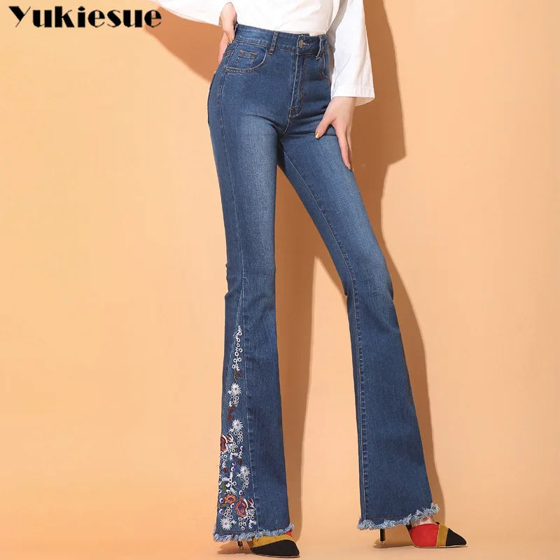 

Women Sexy Flare Jeans woman Embro ideryWide Leg Pants Denim Office Lady Casual High Waist Long Trousers Elegant Stretchy Pant