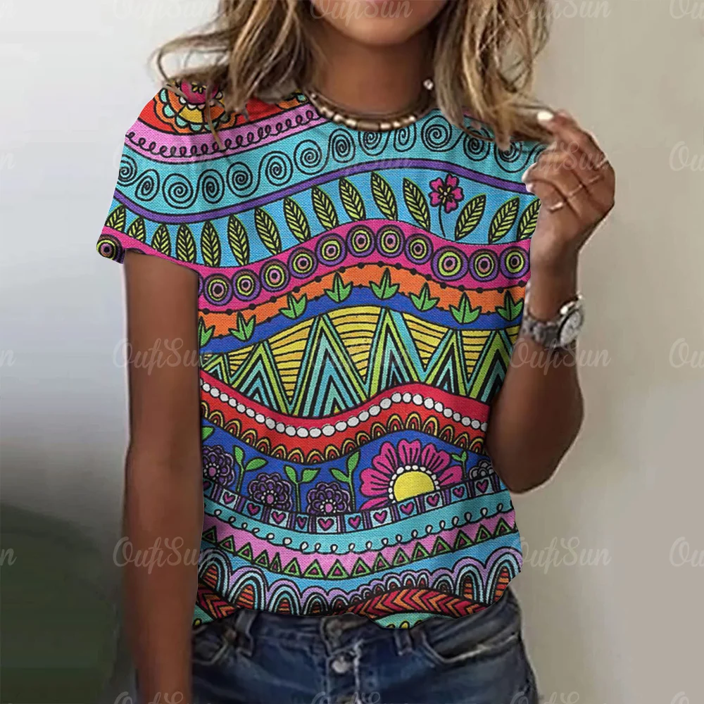 

Футболка женская с коротким рукавом, топ с абстрактным геометрическим принтом, винтажный дизайнерский пуловер, блузка с круглым вырезом, на лето