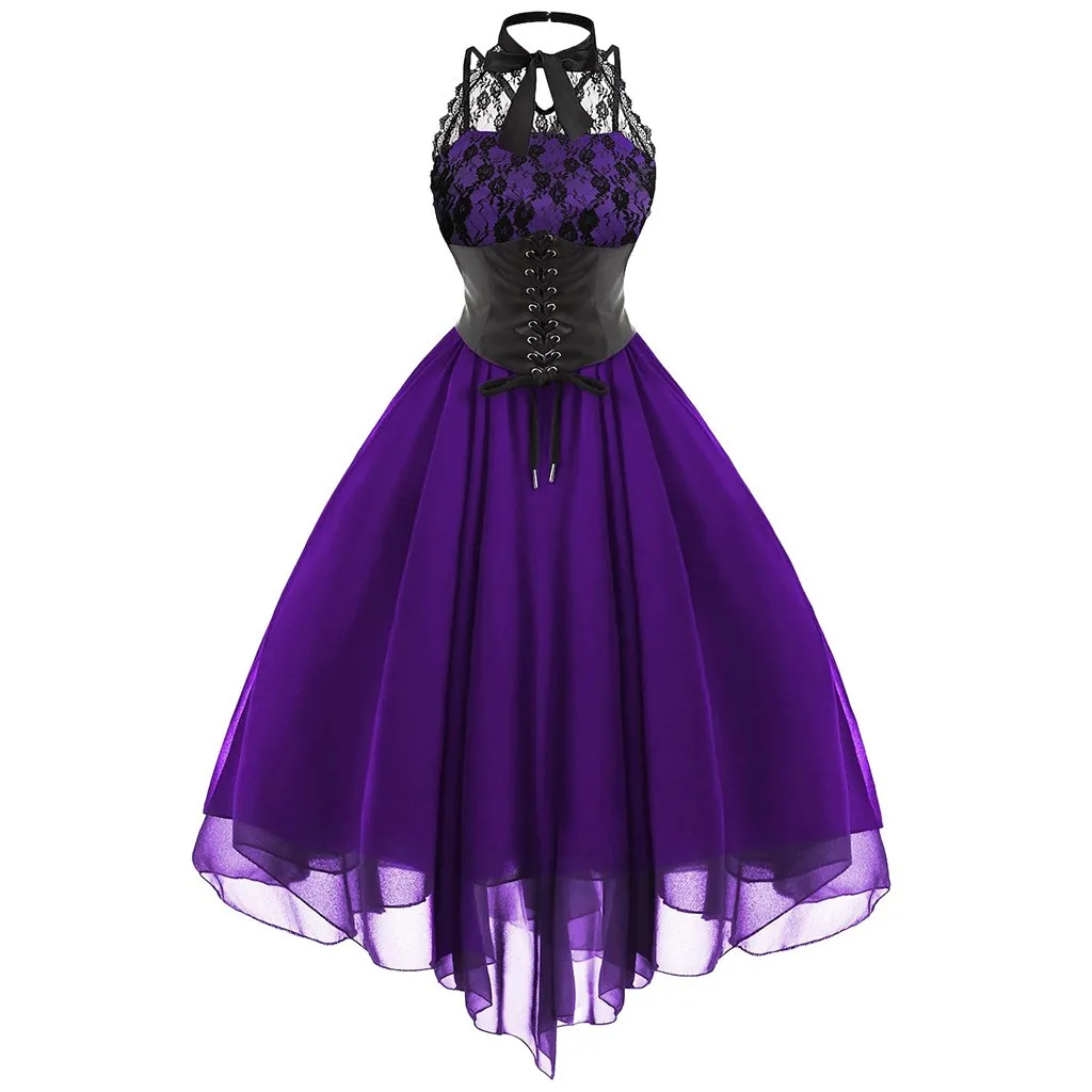 

2023 Women's Dress Gothic Punk Vintage Sleeveless Cross Back Lace Patchwork Halter Lace Up Dress Court Corset Swing Party Dress