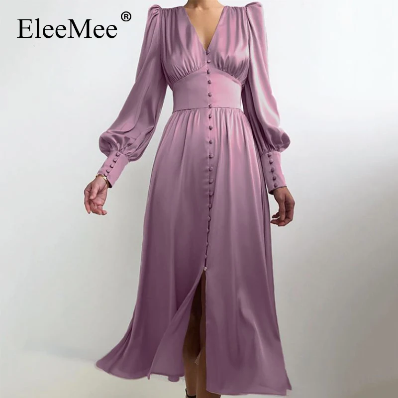 

EleeMee женские платья с V-образным вырезом атласное с рукавами-фонариками 2022 весеннее приталенное однобортное платье миди вечерние сексуальн...
