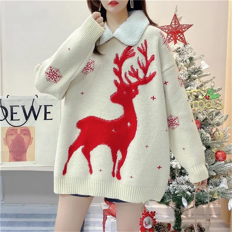 

Winter Warm knittedFemale Korean Loose Christmas Deer Wool Sweater Thickened Top Oversized Streetwear Women red sweaters girl