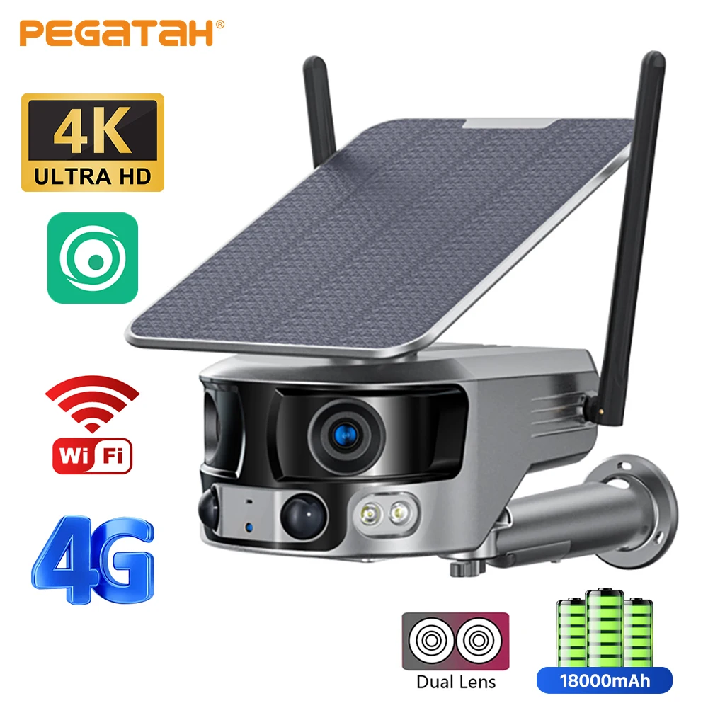 

PEGATAH 4G Wifi Solar IP Cameras Outdoor HD Dual Lens 6W Solar Panel PIR Sensor Color Night Security Surveillance CCTV Cameras