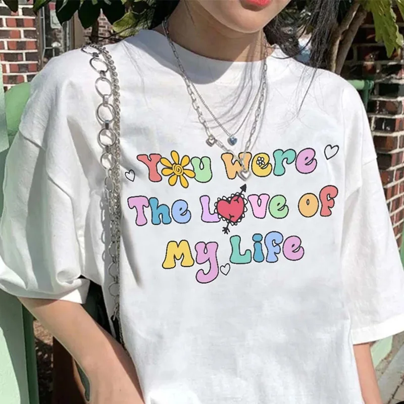 

You Were The Love of My Life Rainbow Letters Printing Women Summer Casual T shirts White Cotton Loose Vintage Style Graphic Tees
