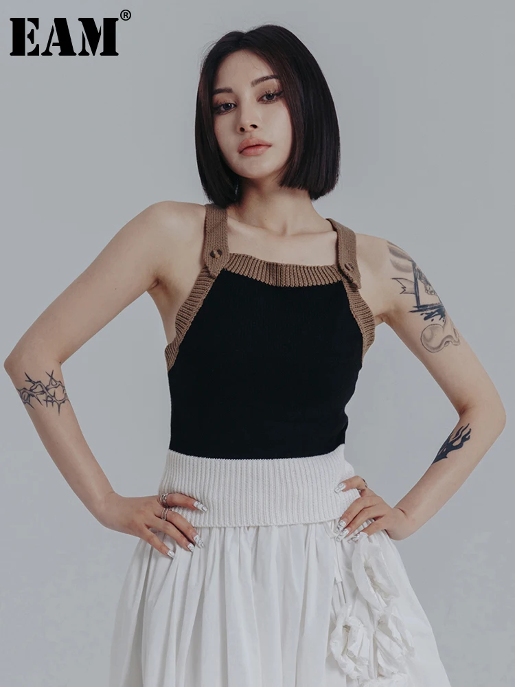 

[EAM] Women Black Knitting Color-block Tank Tops New Square Collar Sleeveless Personality Fashion Spring Summer 2022 1DE8085