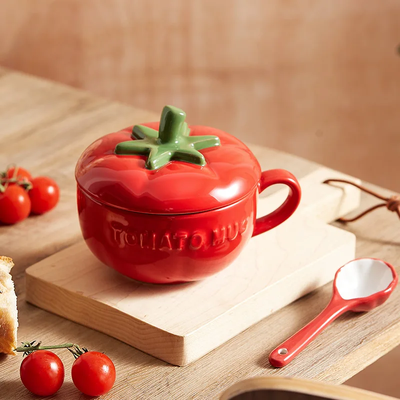 

Tomato breakfast oatmeal cup cute coffee mug water cup ceramic steamed egg bowl with lid mug fruit cup vegetable cup giftCL21905