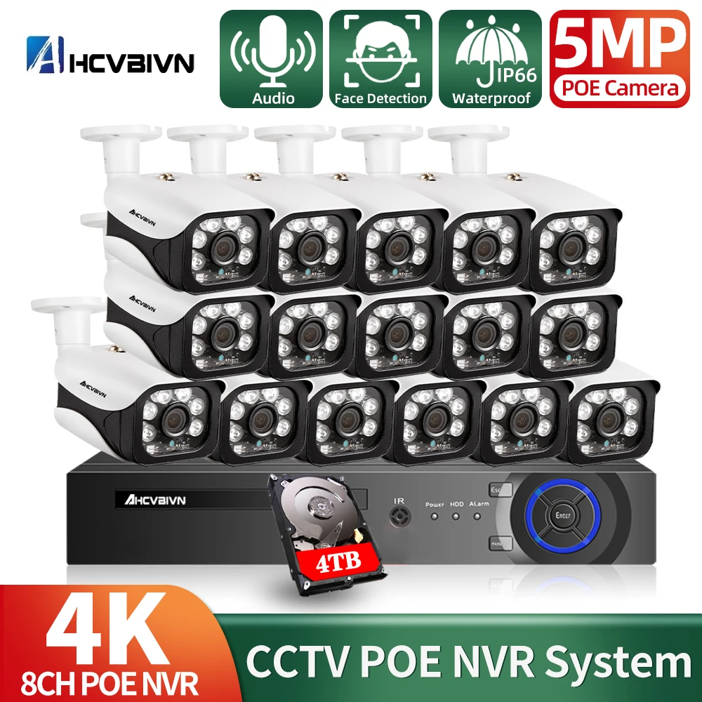 

4K 16CH POE NVR 5MP CCTV камера обеспечения безопасности System Kit Outdoor Waterproof Audio POE IP Camera видеонаблюдение Cam Set