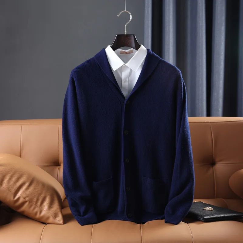 Men's V-lapel Cardigan New Thickened High-end Fashion Comfort With Pocket 100% Wool Solid Color Sweater For Autumn/Winter 2022