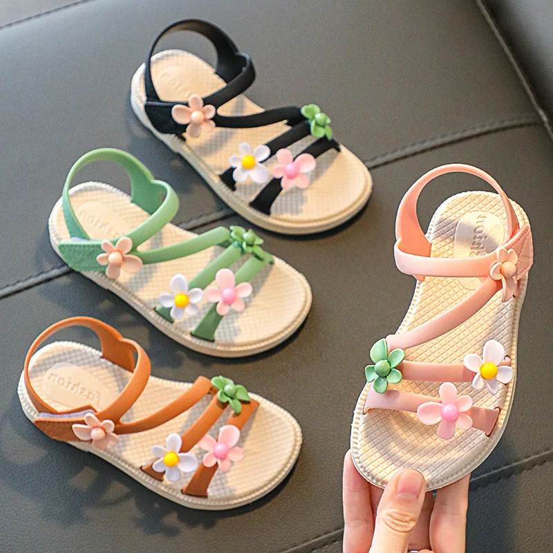 

2022 New Summer Little Girls Sandals Flower Simple Cute Pink Green Children Sandals Toddler Baby Soft Casual School Girl Shoes