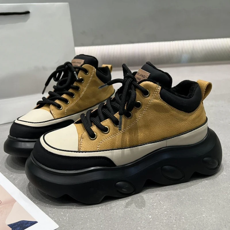 

Женские зимние повседневные ботинки со шнуровкой, увеличивающие рост, Короткие Плюшевые снежные ботинки, женская повседневная спортивная ...