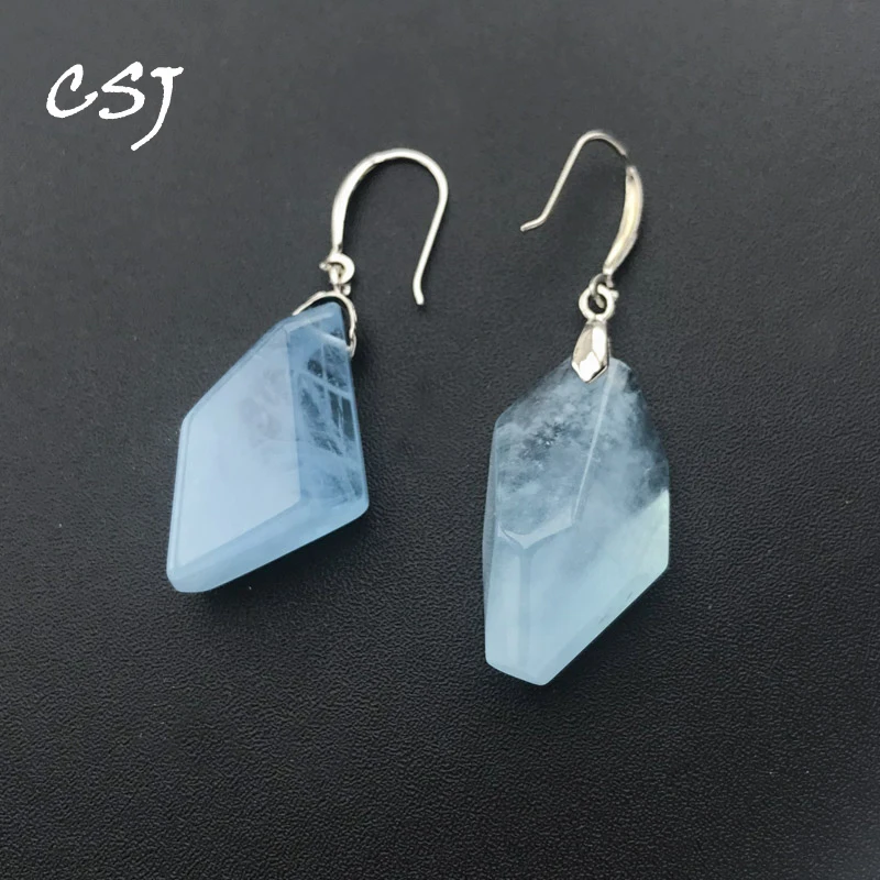 

CSJ Trendy Natural Aquamarine Earrings Sterling 925 Silver Morganite Raw Gemstone for Women Party Gift Hexagonal Prisms