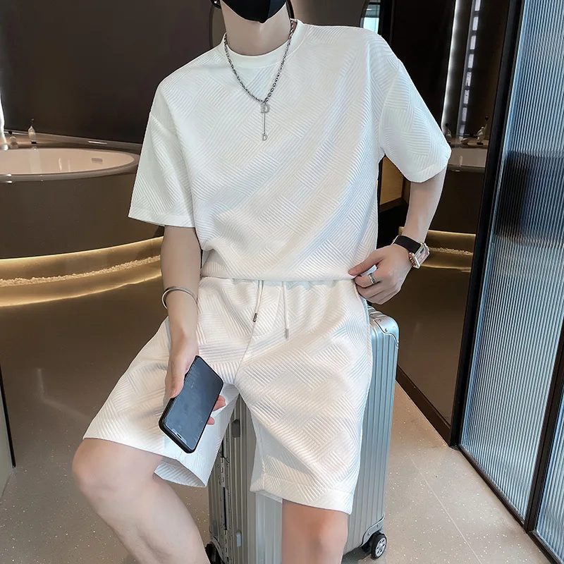 

2022 summer new men's wear Korean round neck Pullover short sleeve casual T-shirt shorts two pieces of sports suit
