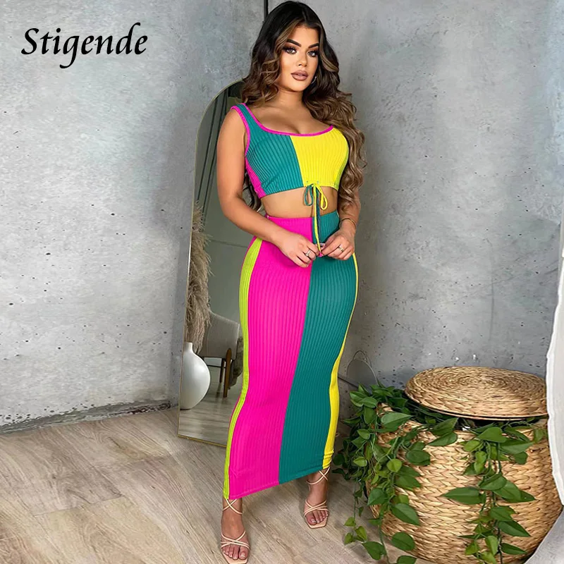

Stigende Women Striped Slim Two Piece Skirt Set Bandage Crop Cami Top and Long Skirt Summer Bodycon 2 Piece Dress Tunic Outfit