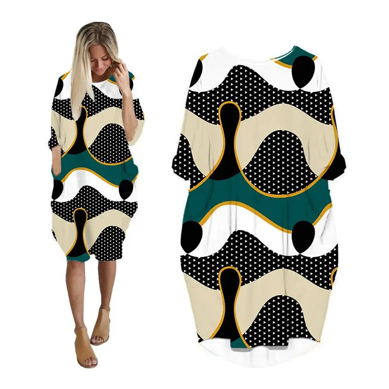 

geometry wave 3d batwing pocket dress women streetwear long sleeve dresses casual harajuku plus size clothing hip hop clothes