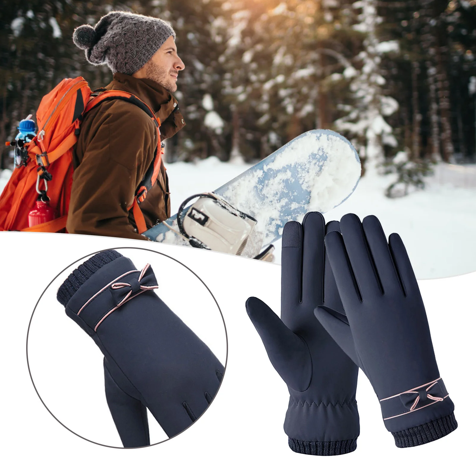 

Woman Thermal Sports Gloves Anti-slip Elastic Cuffs Sweet Bowtie Gloves for Cold Weather Outdoor Skiing and Cycling NIN668