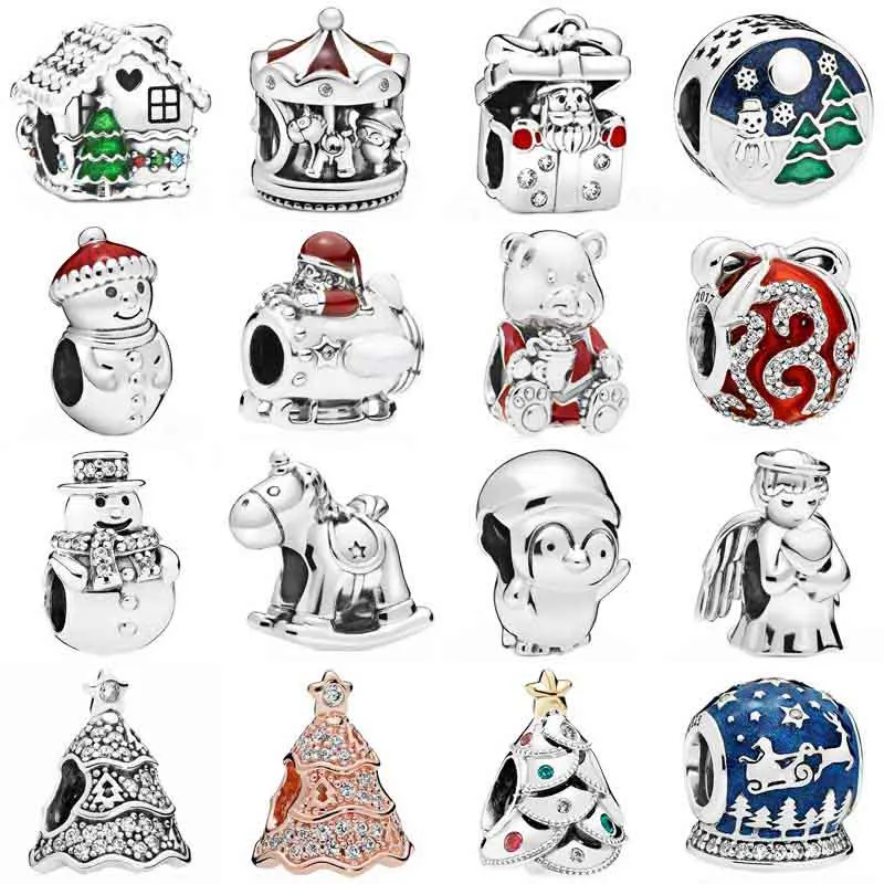 

Gingerbread House Santa In A Giftbox Christmas Tree Carousel Charm 925 Sterling Silver Beads Fit Fashion Bracelet DIY Jewelry