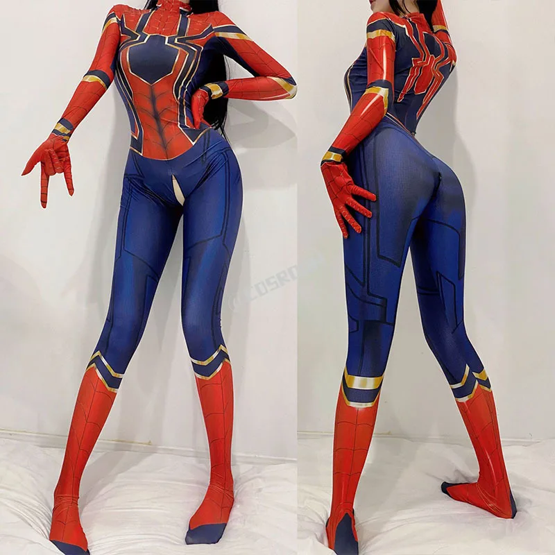 Kadınlar seksi Zentai Suit Spidergirl Cosplay kostüm Superhero Zentai Bodysuit cadılar bayramı karnaval parti kostüm tulum seti