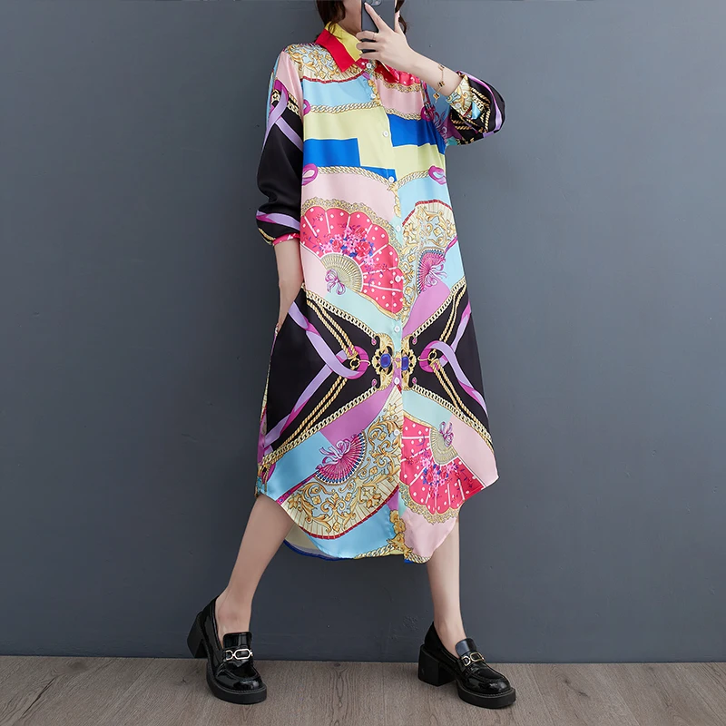 

SuperAen Women's Long Shirt Dress Autumn 2023 New Korean Lapel Collar Colorful Fashion Style Shirt Dress
