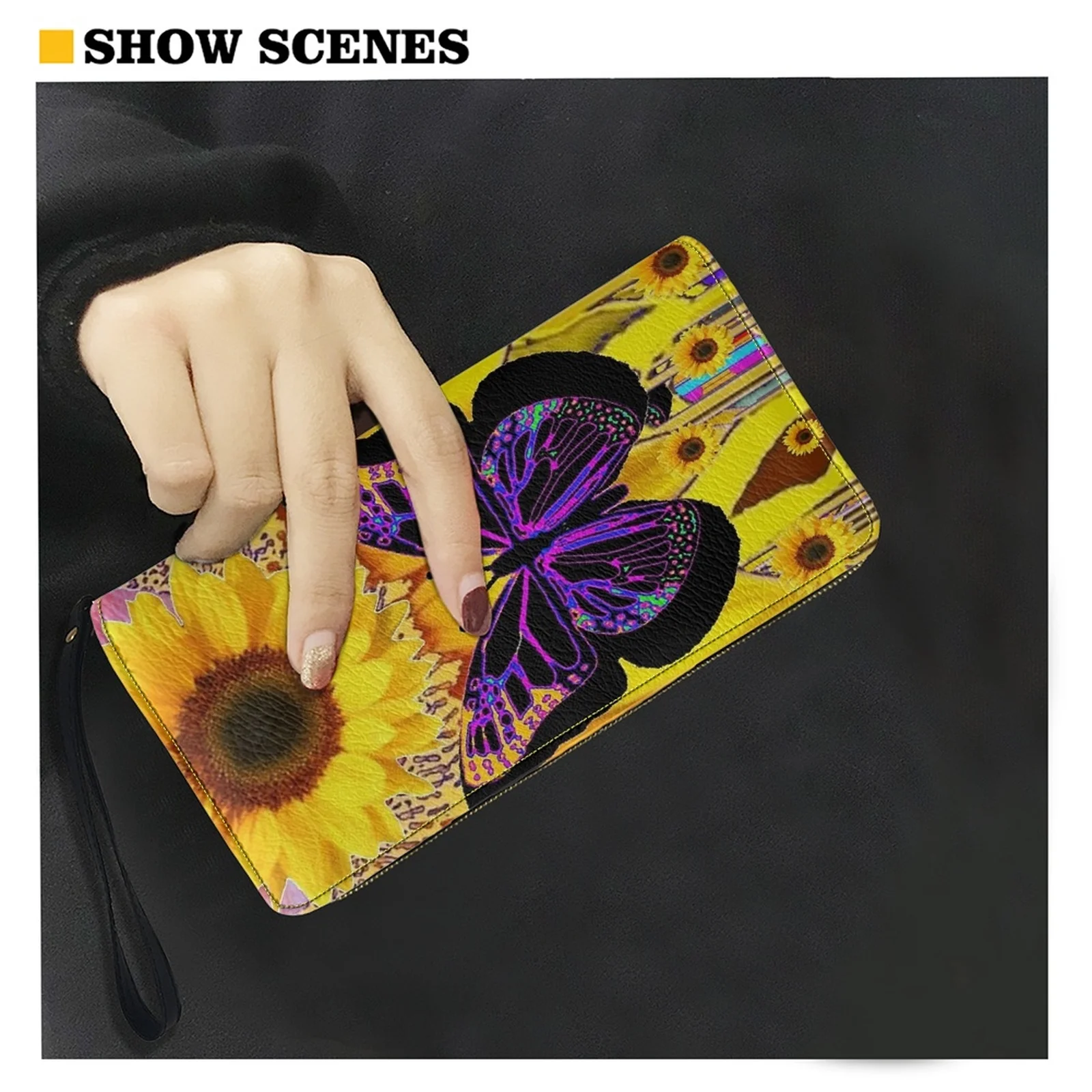 Belidome Sunflower Butterfly Wristlet Wallet for Women Leather RFID Blocking Zip Around Card Holder Organizer Travel Cluth Bags