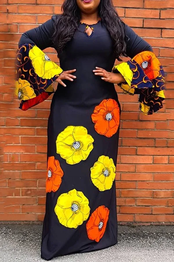 

Spring Autumn African Women Long Sleeve O-neck Polyester Printing Long Dress African Dresses for Women American Clothing