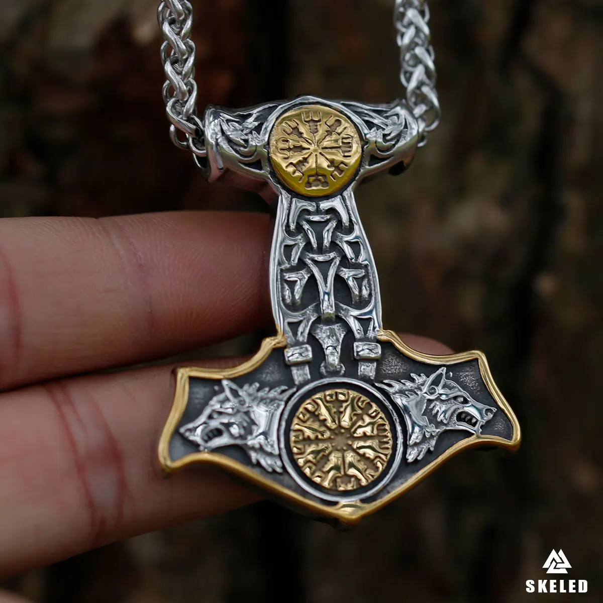 

Stainless Steel Double-sided Compass Wolf Viking Thor Hammer Pendant Necklace Men's Amulet Nordic Retro Trend Rune Jewelry