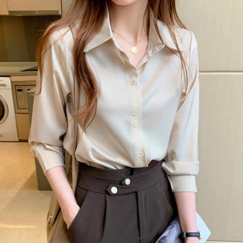 Women's Silk Shirts V-neck Solid Ladies' Tops Women 2021 Fashion Satin Long Sleeve Blouses Button Up White OL Vintage 17278 - купить