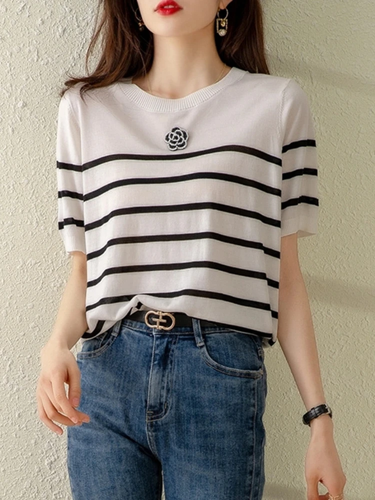 

GGRIGHT Striped T-shirty Damskie Knitted T Shirt Women Tops Mujer Camisetas Short Sleeve Woman Tshirts O-Neck Tee Shirt Femme