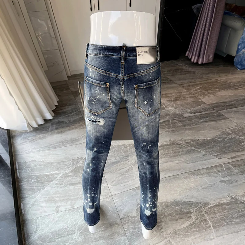Street Fashion Men Jeans High Quality Retro Blue Elastic Slim Fit Painted Ripped Jeans Men Patched Hip Hop Brand Pants Hombre