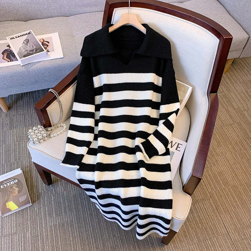 

Large Size Women Autumn Winter Stripe Sweater Dresses Vestido 2022 Long Sleeve Loose Casual Vintage Kintting Long Dress Thick