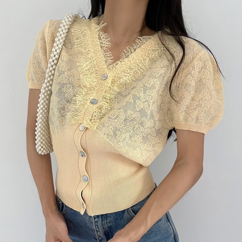 Neploe модные винтажные вязаные топы с v-образным вырезом Lcae Mujer 2024 новые летние