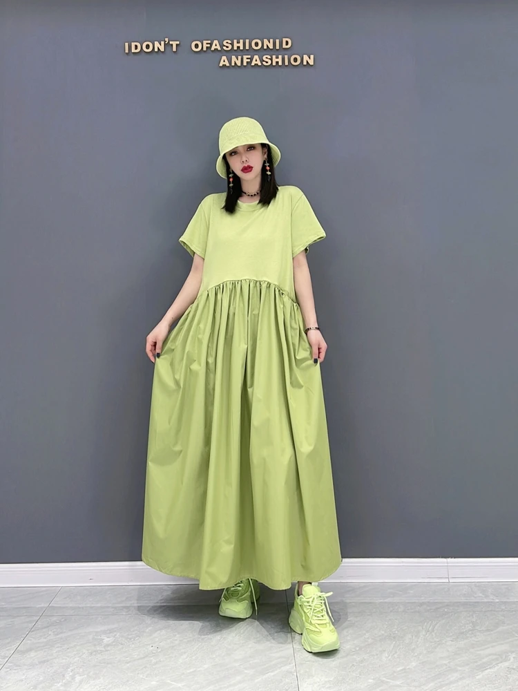 

SuperAen 2022 Spring New Fashion Casual O Neck T-shirt Splicing Loose Pleated Mid-Calf A-LINE Dresses for Women