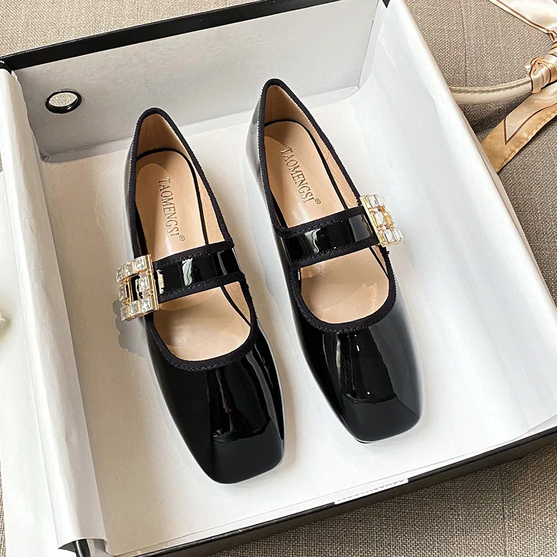 Corium Shoes Mary Jeans Woman Velvet Med-High HeelsandFlats Heeled Loafers Crystal Leather Belt Strap Ballets Femme Chaussure