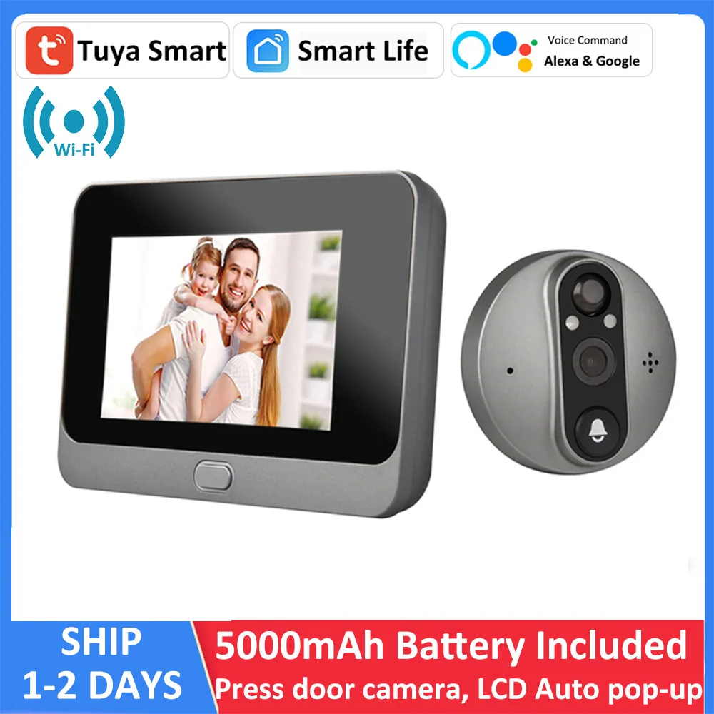 Smart Tuya 1080P WiFi Door Bell Eye Peephole Camera 5000mAh Audio 4.3' PIR FHD Infrared Alexa Google Announcement Digital Viewer