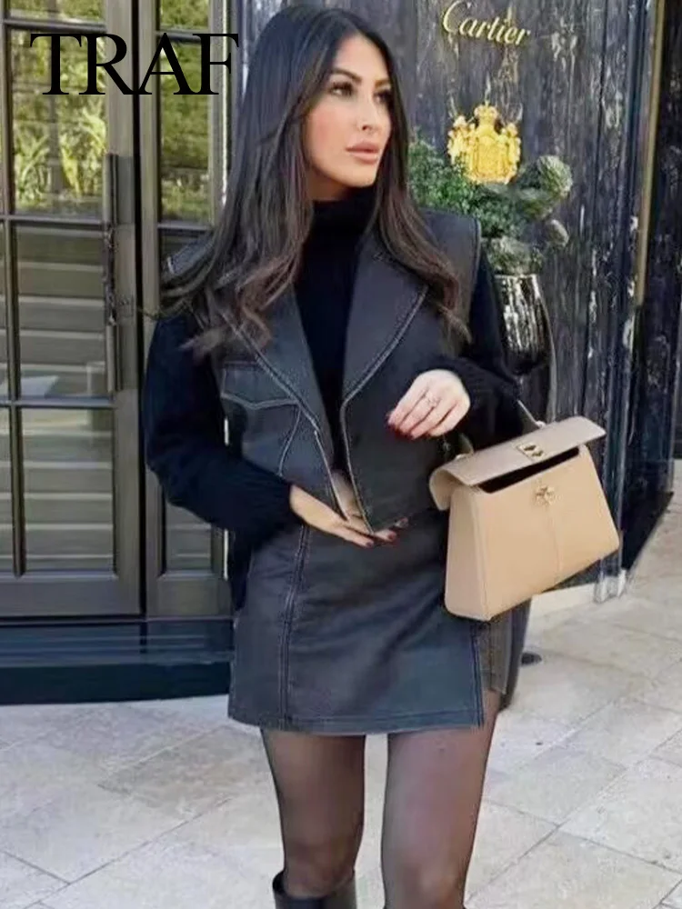 Юбка женская кожаная коричневая Асимметричная на молнии с высокой талией и