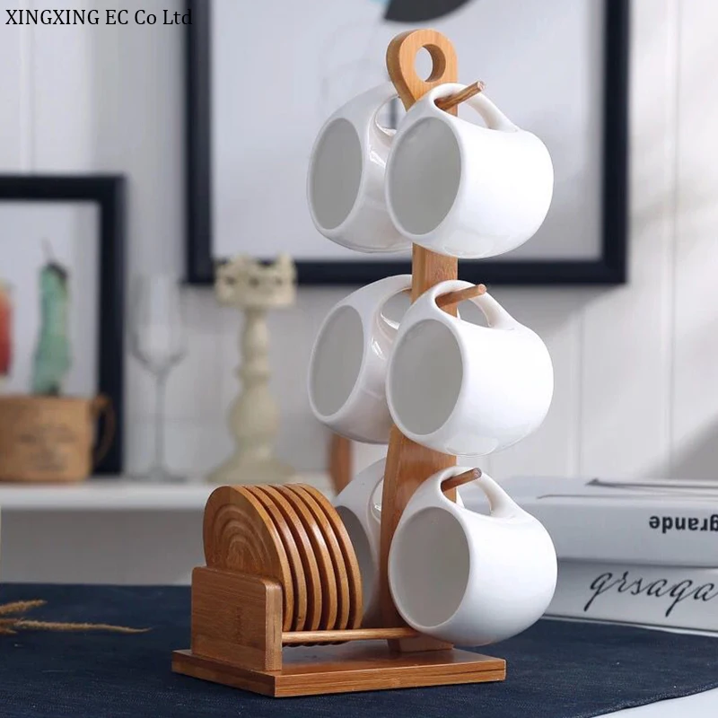 

200ml Ceramic Coffee Cup Household Mug Creative Simple Hanging Cold Water Cup Set Kitchen Restaurant Tea Set Bamboo Wood Stand