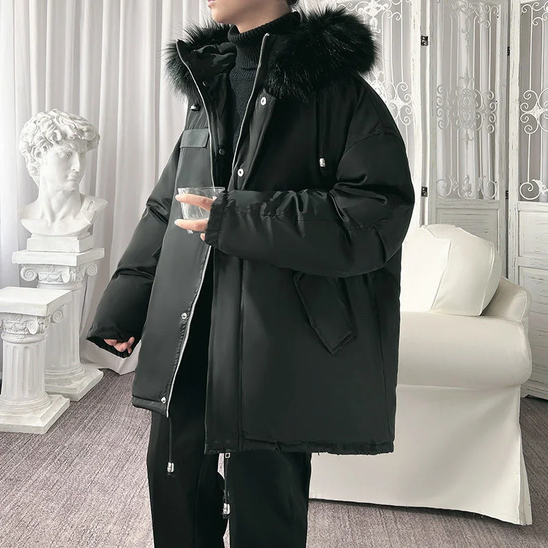 Winter Jacket Men Warm Fashion Casual Fur Collar Hooded Thick Jacket Men Korean Loose Black Short Coat Mens Parker Clothes M-2XL