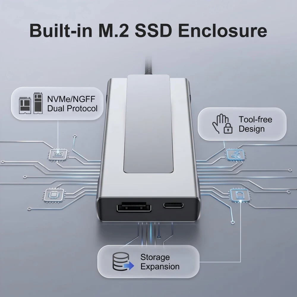Фото NULOXO USB-C хаб 8-в-1 с корпусом для M.2 NVMe SSD, 10 Гбит/с, 4K HDMI, 100 Вт PD, кардридер SD/TF, многопортовый адаптер для MacBook и ноутбуков №2