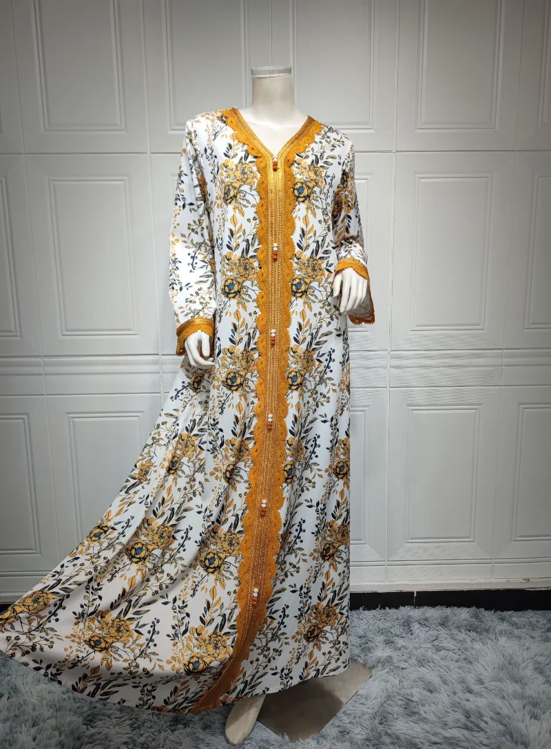 2023 Summer Muslim Women Fashion Long Sleeve V-neck Printing Polyester Orange Long Abaya Muslim Dresses Abaya Dress