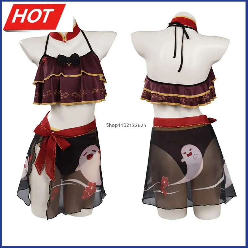 

Genshin Impact Hutao Cosplay бикини с ремешками Lolita оборки укороченные трусики и юбка с запахом костюм-тройка купальники