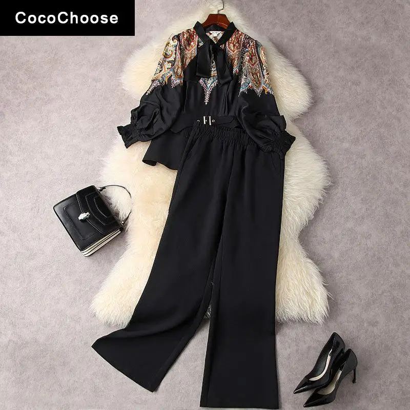 

Elegant 2 Piece Sets Women's Outfits Spring 2022 Fashion OL Black Wide Leg Pants Bow Collar Peplum Blouse Top and Trouser Suits